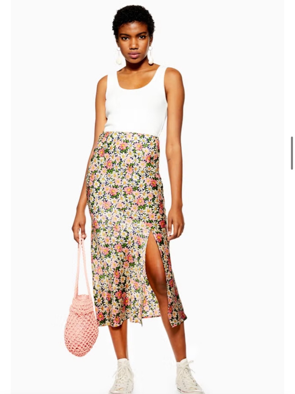 Topshop Pink Floral Midi Skirt with Side Split